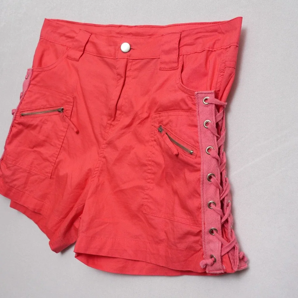 Helium London Side Laced‎ Shorts Womens Large Red 6-Pocket Utility Cargo